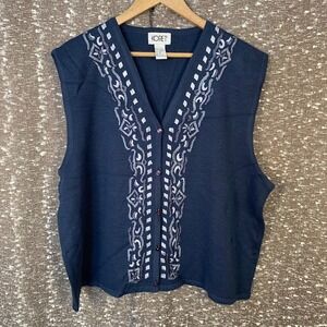 Vintage Koret Blue Embroidered Button Up Vest Preppy Holiday Women's 1X